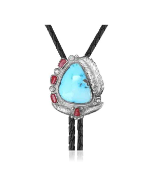 Feather .925 Sterling Silver Certified Authentic Handmade Navajo Native American Natural Turquoise Coral Bolo Tie 34246