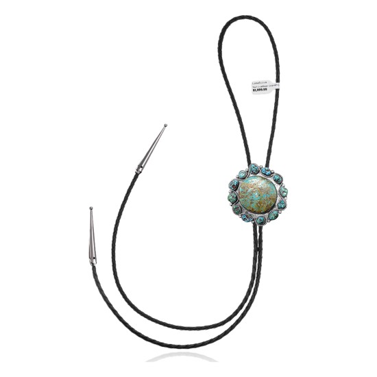 Sun .925 Sterling Silver Certified Authentic Handmade Navajo Native American Natural Turquoise Bolo Tie 34247