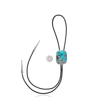 Feather .925 Sterling Silver Certified Authentic Handmade Navajo Native American Natural Turquoise Bolo Tie 34249
