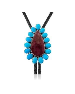 Handmade Certified Authentic Navajo .925 Sterling Silver Native American Natural Turquoise Purple Spiny Oyster Bolo Tie 34253