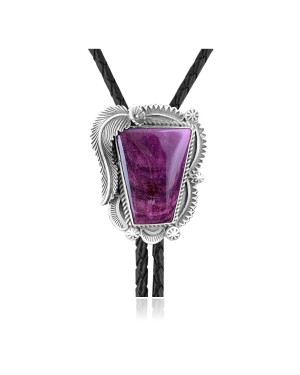 Feather .925 Sterling Silver Handmade Navajo Bolo Tie with Turquoise and Purple Spiny Oyster NB180620190672