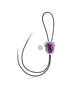 Feather .925 Sterling Silver Handmade Navajo Bolo Tie with Turquoise and Purple Spiny Oyster NB180620190672