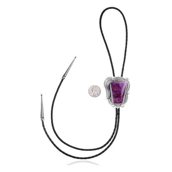 Feather .925 Sterling Silver Handmade Navajo Bolo Tie with Turquoise and Purple Spiny Oyster NB180620190672