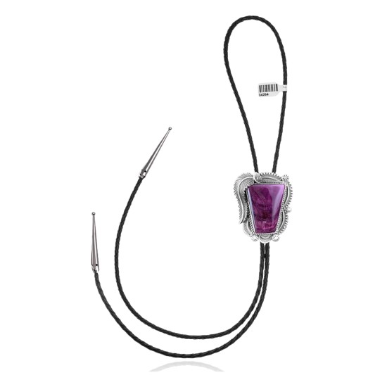 Feather .925 Sterling Silver Handmade Navajo Bolo Tie with Turquoise and Purple Spiny Oyster NB180620190672