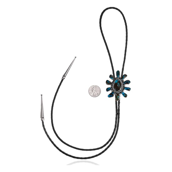 Flower .925 Sterling Silver Certified Authentic Handmade Navajo Native American Natural Turquoise Bolo Tie 34256