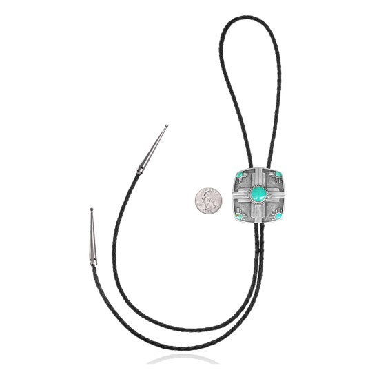 Sun .925 Sterling Silver Certified Authentic Handmade Navajo Native American Natural Turquoise Bolo Tie 34261