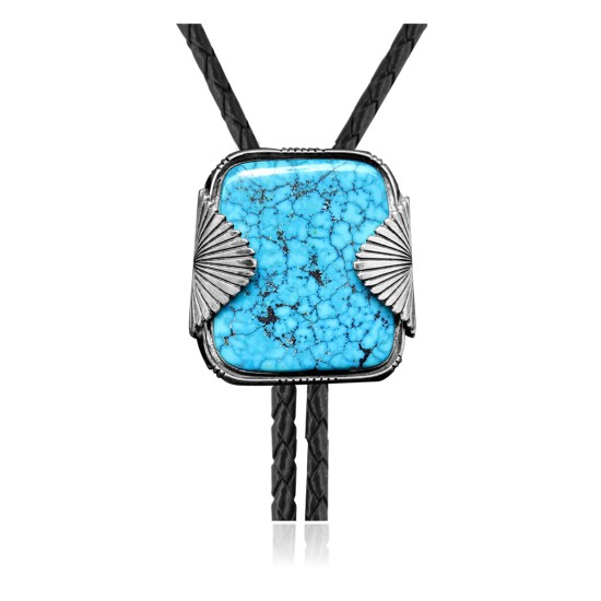 Leaf .925 Sterling Silver Certified Authentic Handmade Navajo Native American Natural Turquoise Bolo Tie 34262