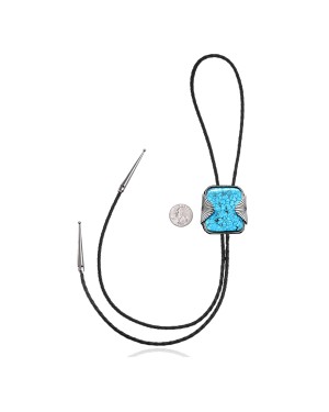 Leaf .925 Sterling Silver Certified Authentic Handmade Navajo Native American Natural Turquoise Bolo Tie 34262