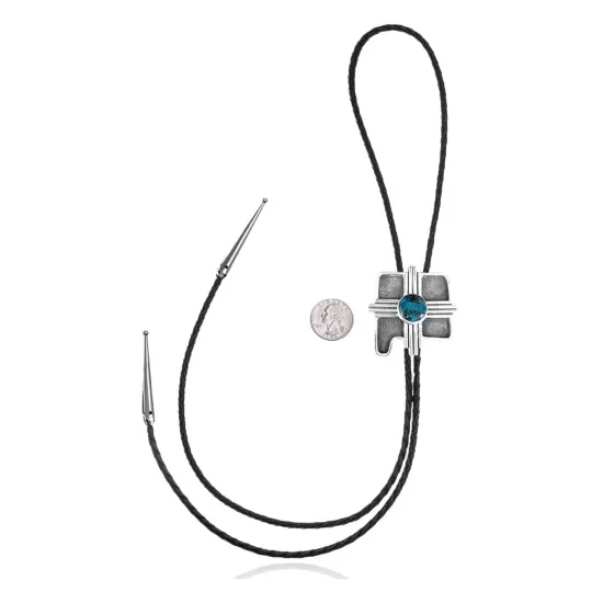 Cross .925 Sterling Silver Certified Authentic Handmade Navajo Native American Natural Turquoise Bolo Tie 34267