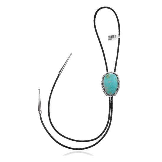 Sun .925 Sterling Silver Certified Authentic Handmade Navajo Native American Natural Turquoise Bolo Tie 34272