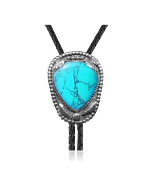 Feather .925 Sterling Silver Certified Authentic Handmade Navajo Native American Natural Turquoise Bolo Tie 34274