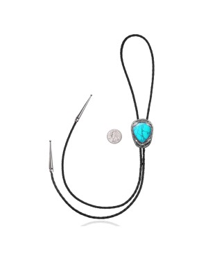 Feather .925 Sterling Silver Certified Authentic Handmade Navajo Native American Natural Turquoise Bolo Tie 34274