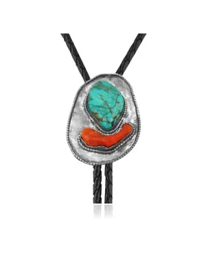 Handmade Certified Authentic Navajo .925 Sterling Silver Native American Natural Turquoise Coral Bolo Tie 34279