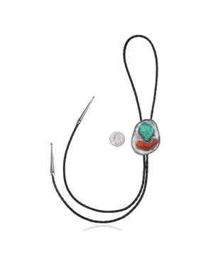 Handmade Certified Authentic Navajo .925 Sterling Silver Native American Natural Turquoise Coral Bolo Tie 34279
