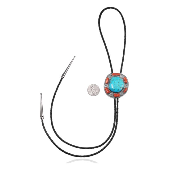 Handmade Certified Authentic Navajo .925 Sterling Silver Native American Natural Turquoise Coral Bolo Tie 34280