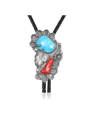 Large Feather .925 Sterling Silver Certified Authentic Handmade Navajo Native American Natural Turquoise Coral Bolo Tie 34285