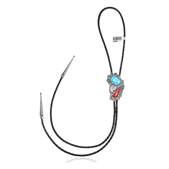 Large Feather .925 Sterling Silver Certified Authentic Handmade Navajo Native American Natural Turquoise Coral Bolo Tie 34285