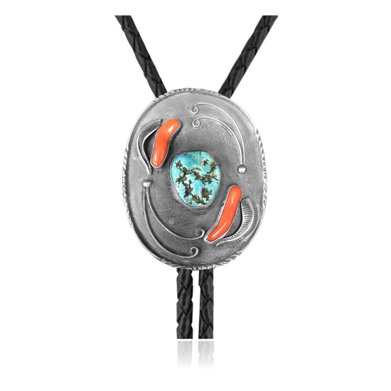 Leaf .925 Sterling Silver Certified Authentic Handmade Navajo Native American Natural Turquoise Coral Bolo Tie 34306