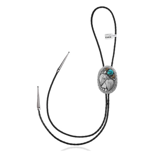 Feather Sun .925 Sterling Silver Certified Authentic Handmade Navajo Native American Natural Turquoise Bolo Tie 34307