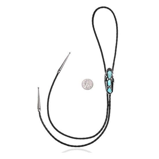 Wave .925 Sterling Silver Certified Authentic Handmade Navajo Native American Natural Turquoise Bolo Tie 34312