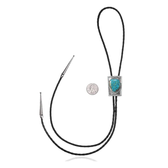 Square .925 Sterling Silver Certified Authentic Handmade Navajo Native American Natural Turquoise Bolo Tie 34314