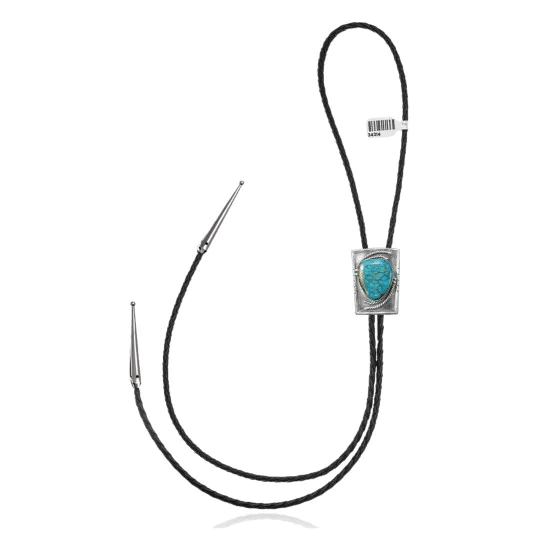 Square .925 Sterling Silver Certified Authentic Handmade Navajo Native American Natural Turquoise Bolo Tie 34314
