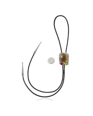 Multicolor .925 Sterling Silver Certified Authentic Handmade Navajo Native American Natural Turquoise Spiny Oyster Bolo Tie 34315