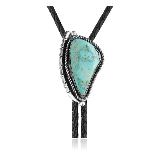 Swirl .925 Sterling Silver Certified Authentic Handmade Navajo Native American Natural Turquoise Bolo Tie 34319