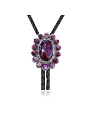 Flower .925 Sterling Silver Certified Authentic Handmade Navajo Native American Spiny Oyster Bolo Tie 34323