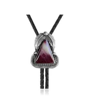 Feather .925 Sterling Silver Certified Authentic Handmade Navajo Native American Spiny Oyster Bolo Tie 34324