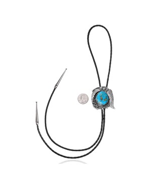 Flower Feather .925 Sterling Silver Certified Authentic Handmade Navajo Native American  Natural Turquoise Bolo Tie 34332