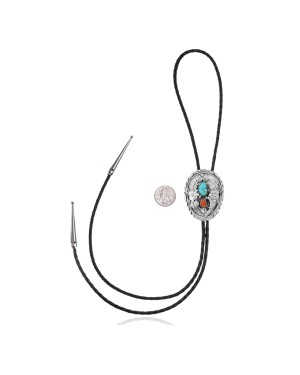 Flower Leaf .925 Sterling Silver Certified Authentic Handmade Navajo Native American Natural Turquoise Coral Bolo Tie 34337