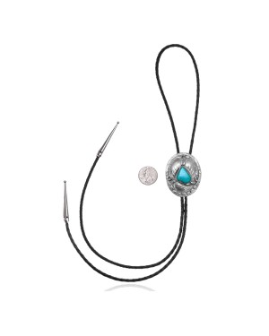 Leaf .925 Sterling Silver Certified Authentic Handmade Navajo Native American Natural Turquoise Bolo Tie 34339