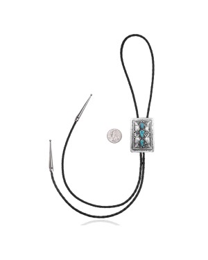 Flower Leaf .925 Sterling Silver Certified Authentic Handmade Navajo Native American Natural Turquoise Bolo Tie 34344