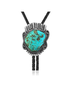 Swirl .925 Sterling Silver Certified Authentic Handmade Navajo Native American Natural Turquoise Bolo Tie 34345