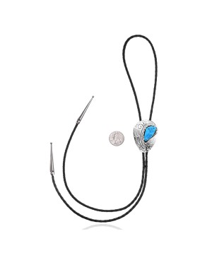 Leaf Swirl .925 Sterling Silver Certified Authentic Handmade Navajo Native American Natural Turquoise Bolo Tie 34366