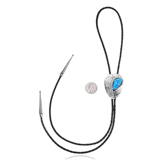 Leaf Swirl .925 Sterling Silver Certified Authentic Handmade Navajo Native American Natural Turquoise Bolo Tie 34366