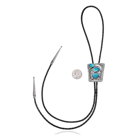Flower Leaf .925 Sterling Silver Certified Authentic Handmade Navajo Native American Natural Turquoise Bolo Tie 34369