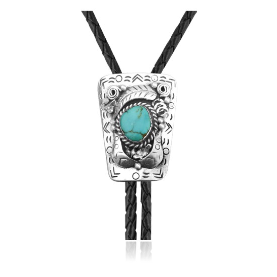 Leaf Mountain .925 Sterling Silver Certified Authentic Handmade Navajo Native American Natural Turquoise Bolo Tie 34371