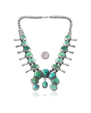Squash Blossom .925 Sterling Silver Certified Authentic Navajo Native American Natural Turquoise Necklace 35102