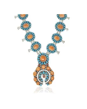 Squash Blossom .925 Sterling Silver Certified Authentic Navajo Native American Natural Turquoise Coral Necklace 35109