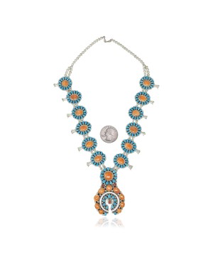 Squash Blossom .925 Sterling Silver Certified Authentic Navajo Native American Natural Turquoise Coral Necklace 35109