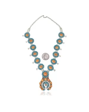 Squash Blossom .925 Sterling Silver Certified Authentic Navajo Native American Natural Turquoise Coral Necklace 35109