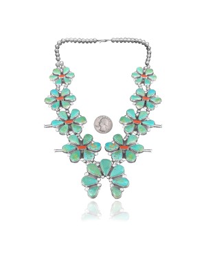 Squash Blossom .925 Sterling Silver Certified Authentic Navajo Native American Natural Turquoise Coral Necklace 35110