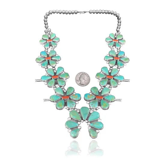 Squash Blossom .925 Sterling Silver Certified Authentic Navajo Native American Natural Turquoise Coral Necklace 35110