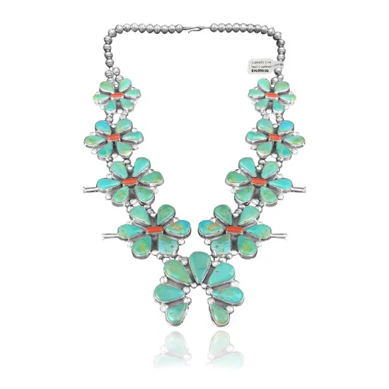 Squash Blossom .925 Sterling Silver Certified Authentic Navajo Native American Natural Turquoise Coral Necklace 35110