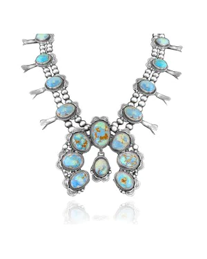 Squash Blossom .925 Sterling Silver Certified Authentic Navajo Native American Natural Turquoise Necklace 35114
