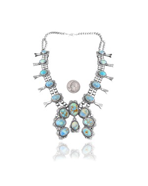 Squash Blossom .925 Sterling Silver Certified Authentic Navajo Native American Natural Turquoise Necklace 35114