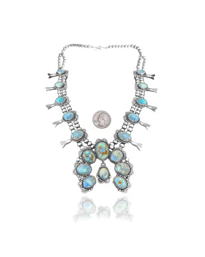 Squash Blossom .925 Sterling Silver Certified Authentic Navajo Native American Natural Turquoise Necklace 35114