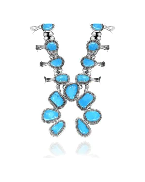 Squash Blossom .925 Sterling Silver Certified Authentic Navajo Native American Natural Turquoise Necklace 35115